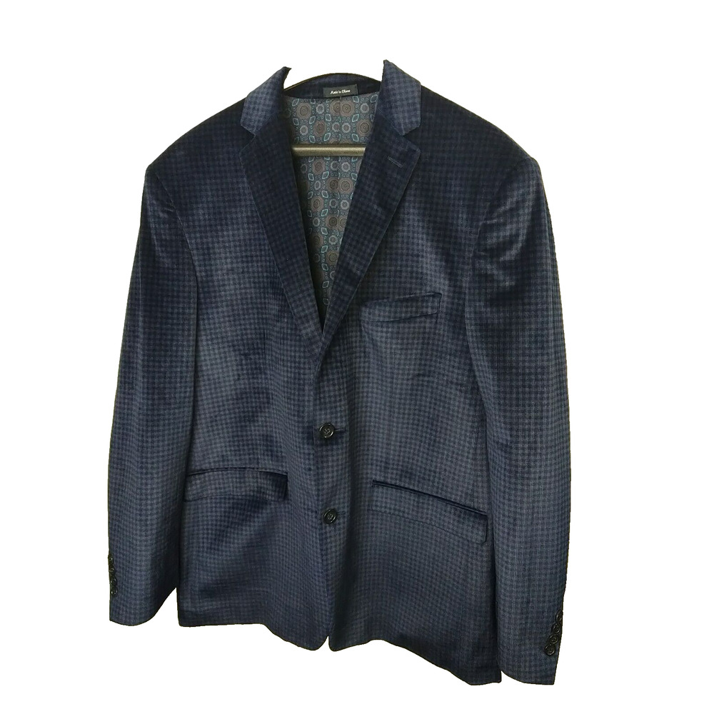 Gianpaul Men's 42R Blazer Modern Fit Blue Black Velvet Check Lined formal prof